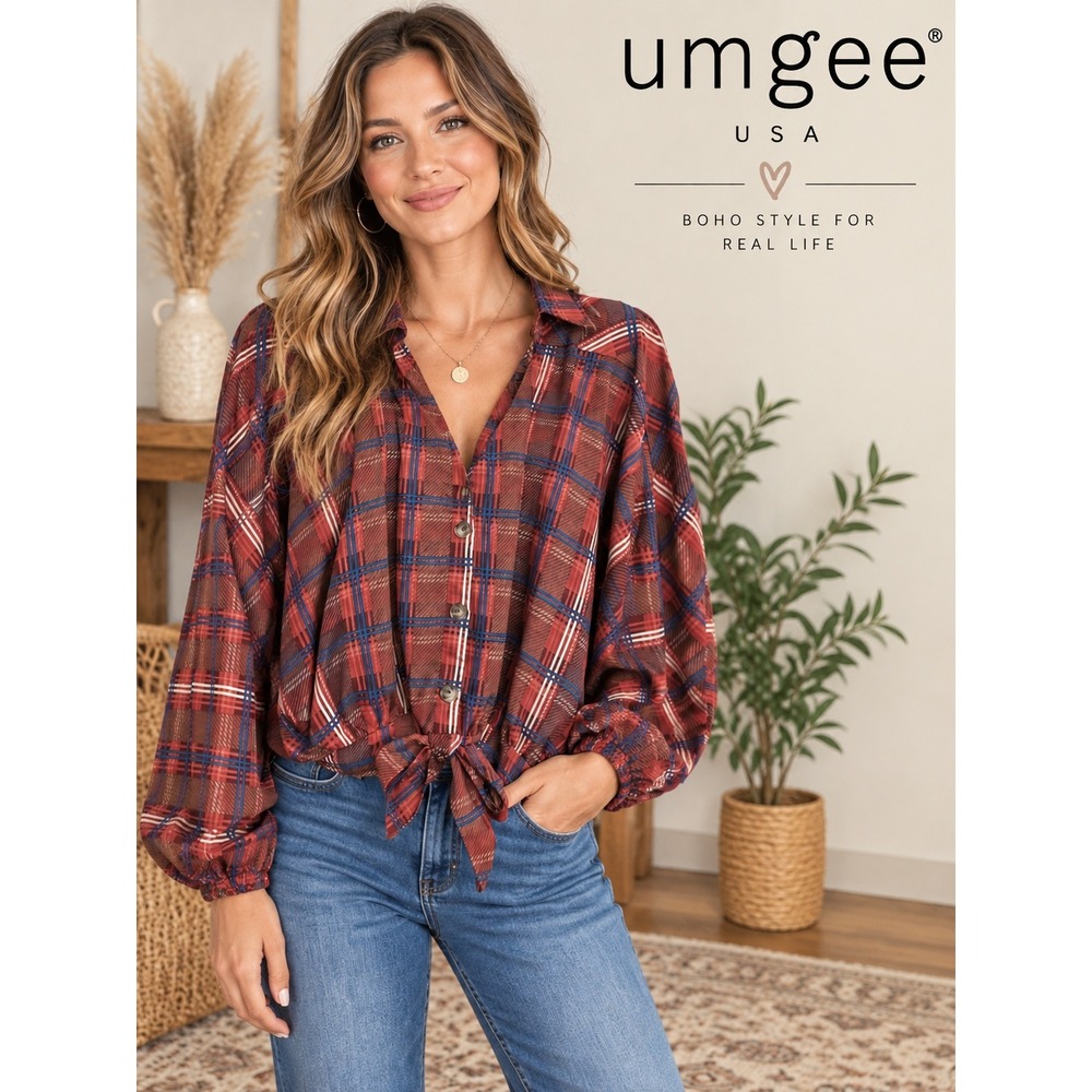 Umgee Plaid Tie Front Blouse Rust Blue Boho Lantern Sleeve Oversized Top Size S